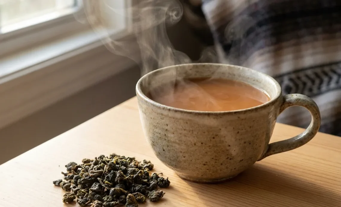 oolong milk tea recipe in ceramic cup with Dong Ding loose leaf tea beside it