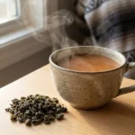 oolong milk tea recipe in ceramic cup with Dong Ding loose leaf tea beside it
