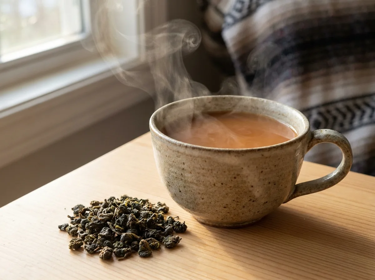 oolong milk tea recipe in ceramic cup with Dong Ding loose leaf tea beside it