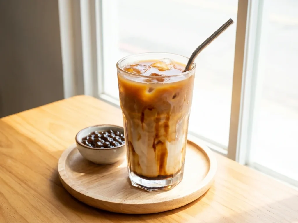 iced oolong milk tea in clear glass with ice and brown sugar swirl