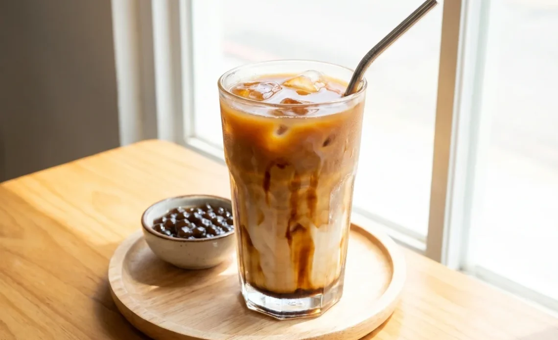 iced oolong milk tea in clear glass with ice and brown sugar swirl