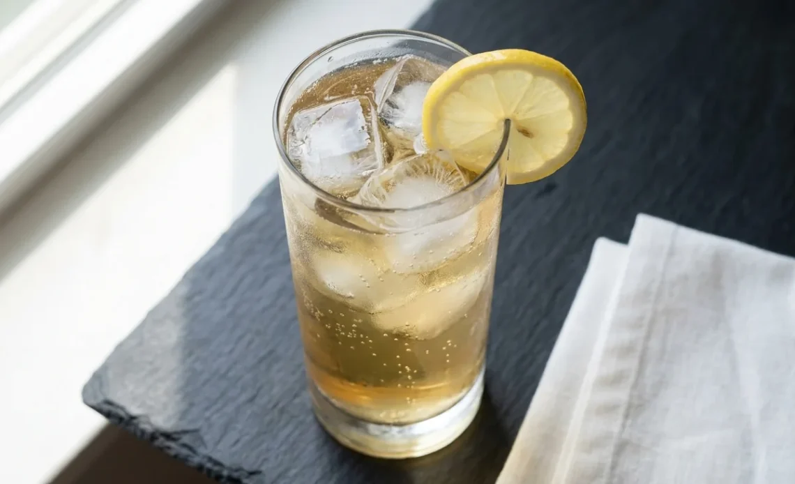 oolong tea drinks — sparkling oolong hai mocktail in a tall glass with ice