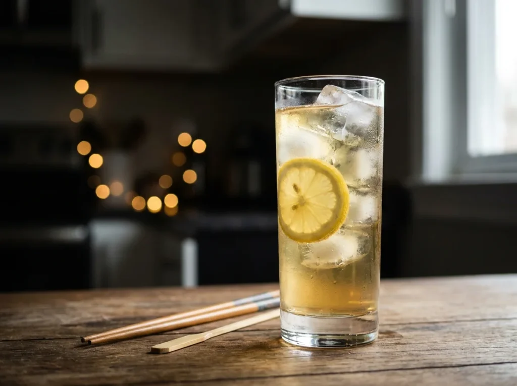 non-alcoholic oolong hai in a highball glass with sparkling water and ice