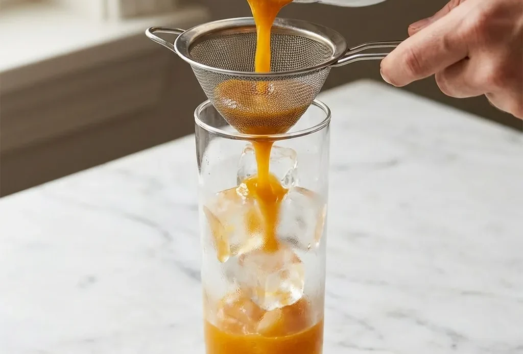 Pouring passion fruit mocktail through a fine mesh strainer into a highball glass filled with large ice cubes