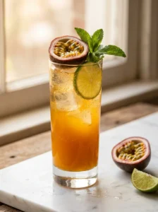 Finished passion fruit mocktail with passion fruit half on the rim, lime wheel, and fresh mint, ready to serve
