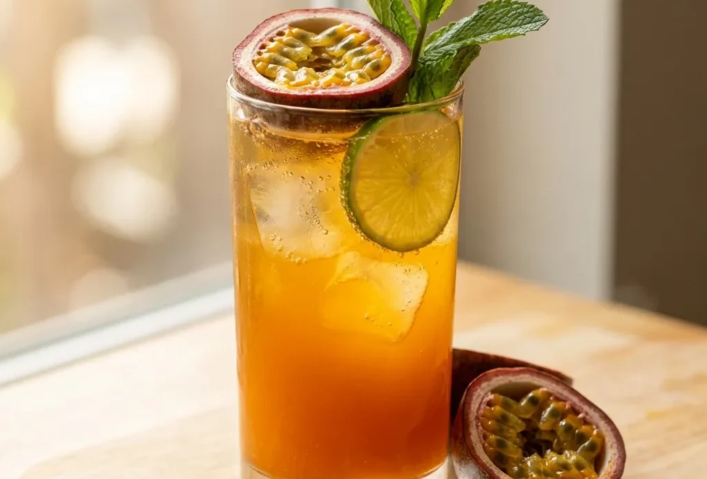 Passion fruit mocktail in a tall highball glass garnished with a fresh passion fruit half, lime wheel, and mint sprigs