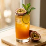 Passion fruit mocktail in a tall highball glass garnished with a fresh passion fruit half, lime wheel, and mint sprigs