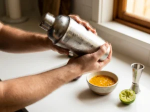 Shaking a passion fruit mocktail mixture in a cocktail shaker until frosty cold