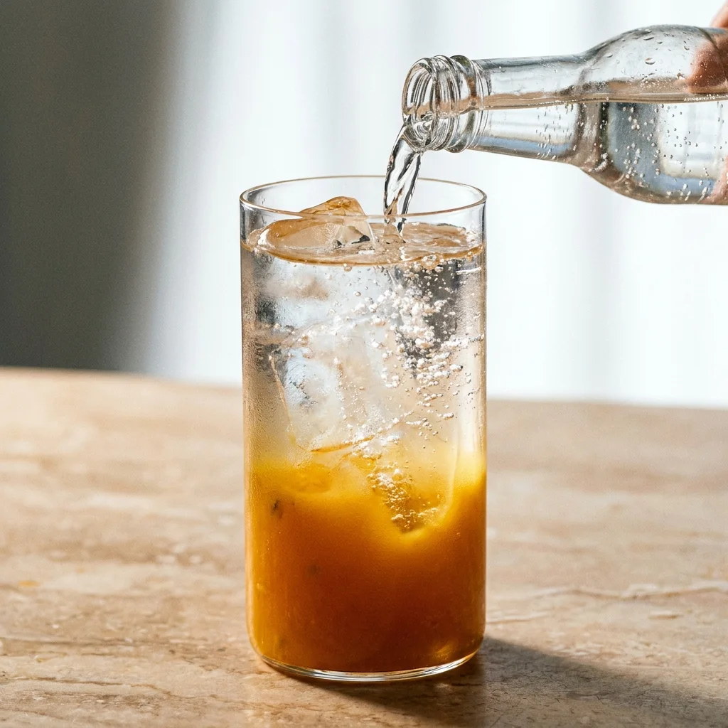 Slowly pouring sparkling water down the inside wall of a glass to preserve carbonation in a passion fruit mocktail