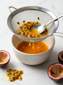 Pressing passion fruit pulp through a fine mesh strainer to remove seeds before making a mocktail