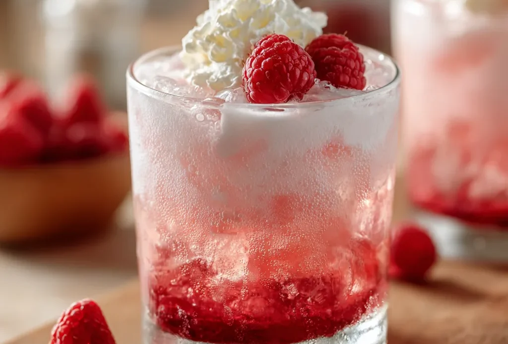 Creamy raspberry dirty soda drink with vanilla and fizzy soda in a glass with ice and whipped cream