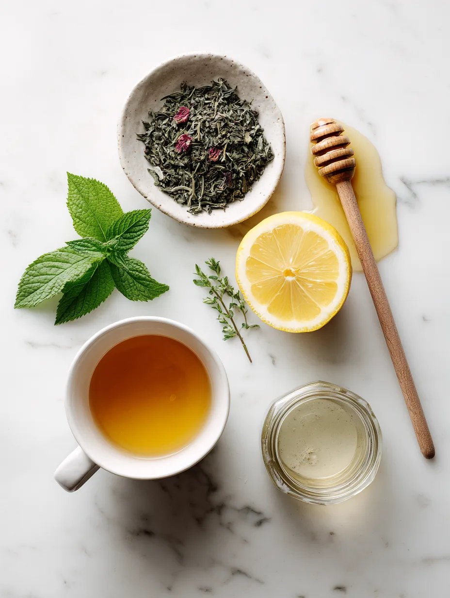 A cozy kitchen scene showcasing the preparation of red raspberry leaf tea at home. In the foreground, a clear glass teapot filled with steeping raspberry leaves emits wisps of steam, surrounded by fresh raspberry leaves and vibrant, plump raspberries. A wooden cutting board displays a small pile of dried raspberry leaves, and a delicate tea strainer lies nearby, indicating the brewing process. In the middle ground, a rustic wooden table holds a cup of freshly brewed tea, and a vintage kettle sits on the stove, adding warmth to the atmosphere. In the background, soft, natural light filters through a window adorned with simple curtains, creating an inviting and peaceful setting. The overall mood is calm and nurturing, evoking the essence of homemade wellness.