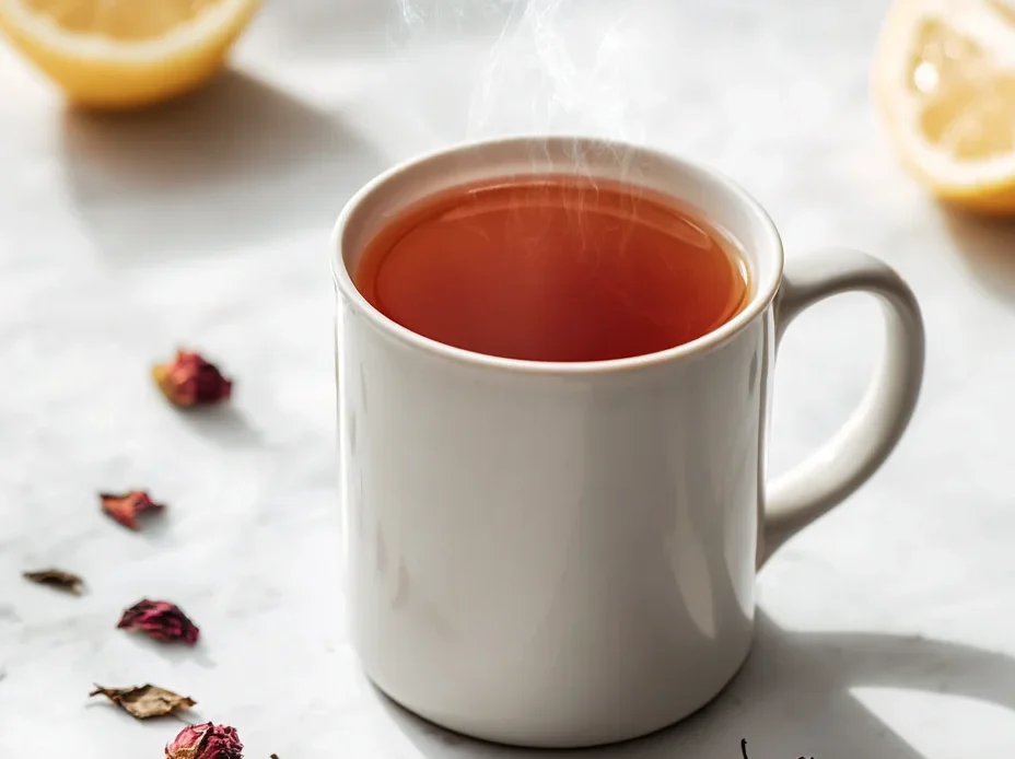 Raspberry Leaf Tea Recipe served in a glass with garnish