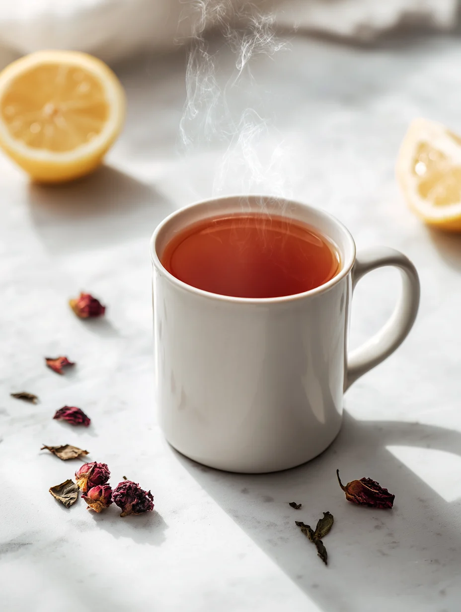 A beautifully arranged composition featuring dried raspberry leaves and tea brewing supplies. In the foreground, a small wooden bowl filled with vibrant, crinkled dried raspberry leaves sits beside a delicate glass teapot and an elegant porcelain teacup. The middle ground showcases a rustic wooden table, with a finely woven tea strainer and a small jar of honey, adding a touch of warmth. The background is softly blurred, revealing a cozy kitchen setting with warm, natural lighting filtering through a window, creating an inviting and serene atmosphere. The focus highlights the textures of the leaves and the craftsmanship of the teapot, evoking a sense of tranquility and the joy of home tea brewing.