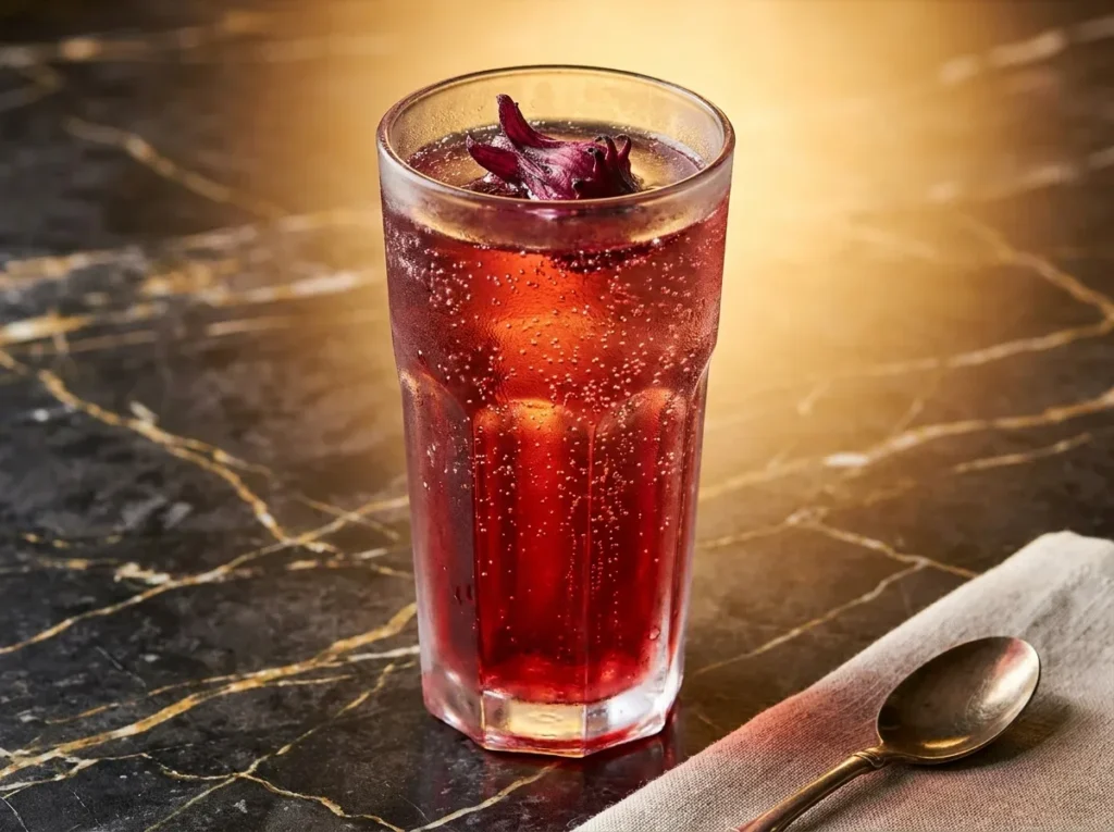 Sparkling hibiscus tea drink in a tall glass with rising bubbles — mocktail style