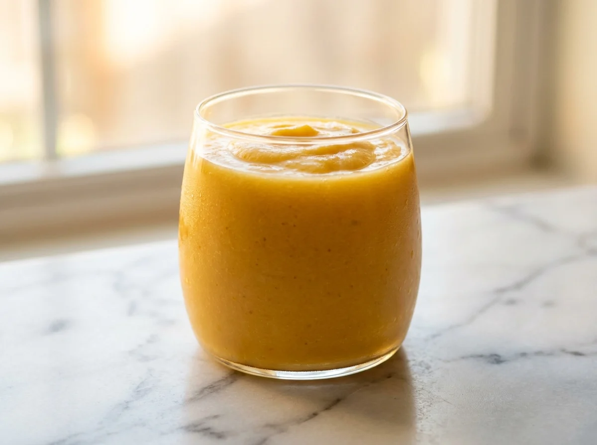 Thick tropical fruit smoothie in a glass with mango and pineapple — vibrant golden color