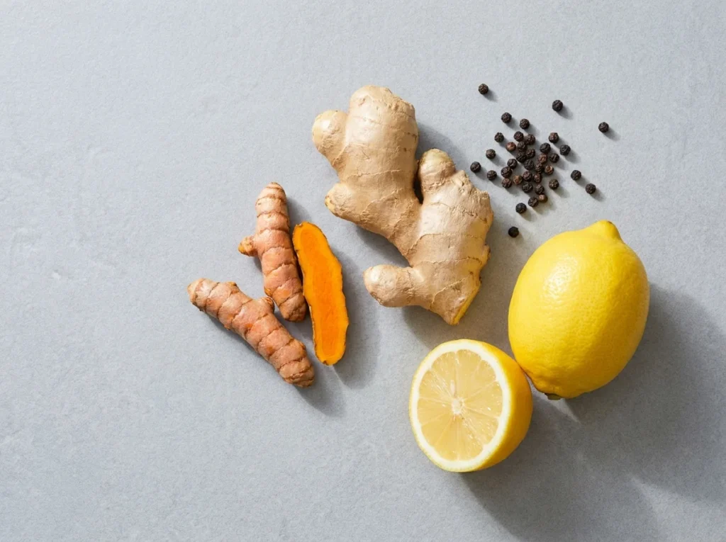 fresh turmeric root ginger lemon and black pepper for wellness shots