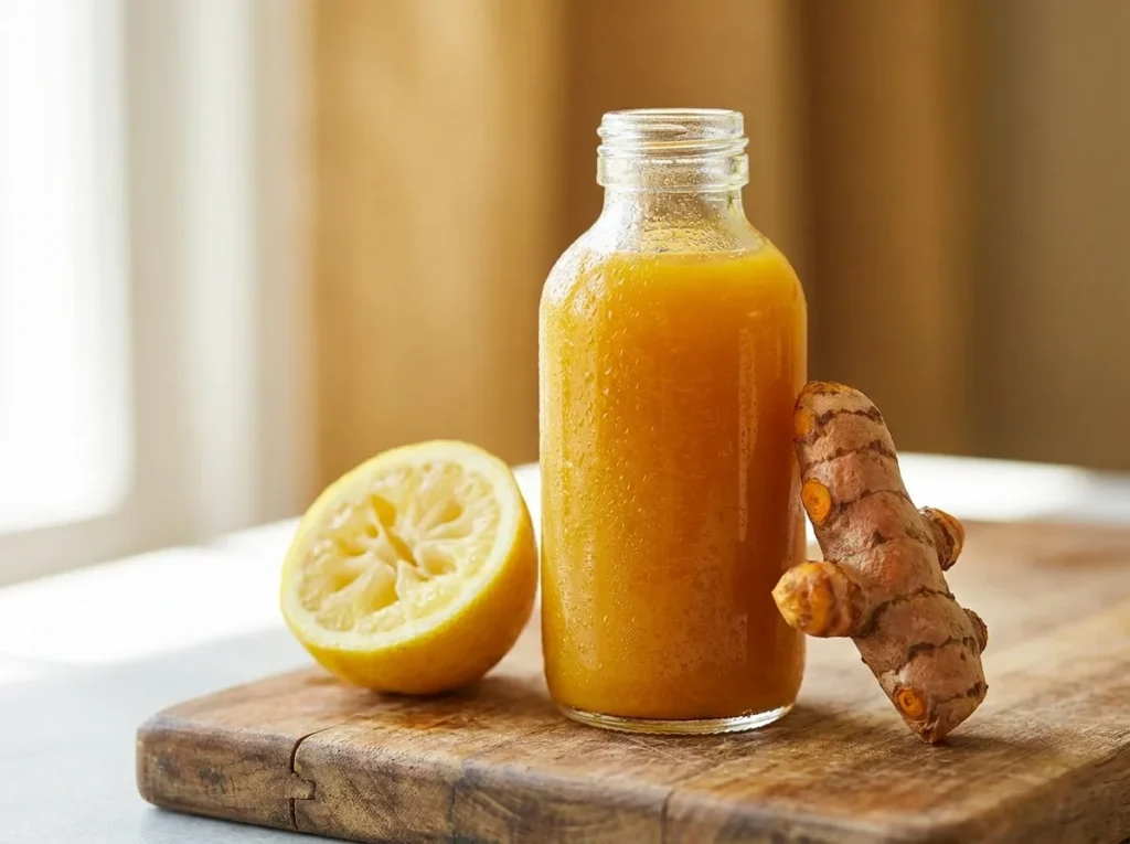 golden ginger turmeric shot in small glass bottle ready to drink