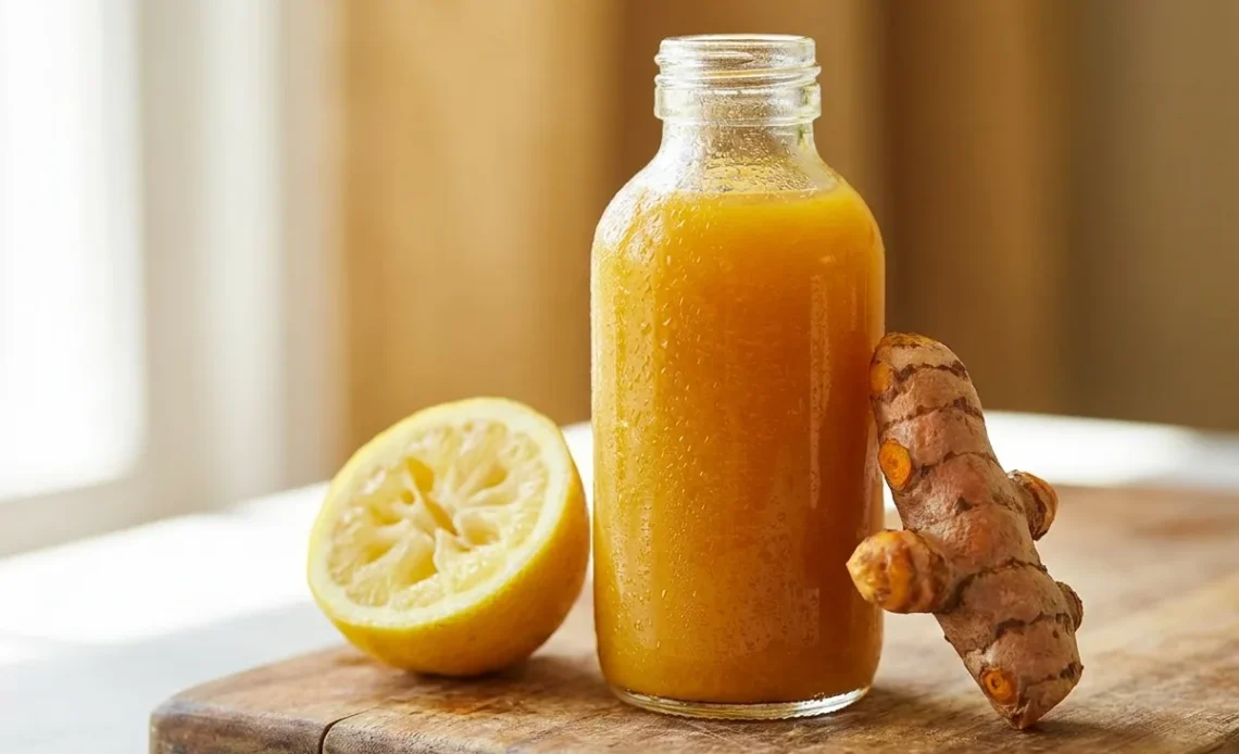 Turmeric Shot Recipe,Ginger Turmeric Shot Recipe,Turmeric Powder Shot Recipe,Turmeric Shots Recipe,Lemon Ginger Turmeric Shot Recipe served in a glass with garnish