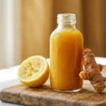 Turmeric Shot Recipe,Ginger Turmeric Shot Recipe,Turmeric Powder Shot Recipe,Turmeric Shots Recipe,Lemon Ginger Turmeric Shot Recipe served in a glass with garnish