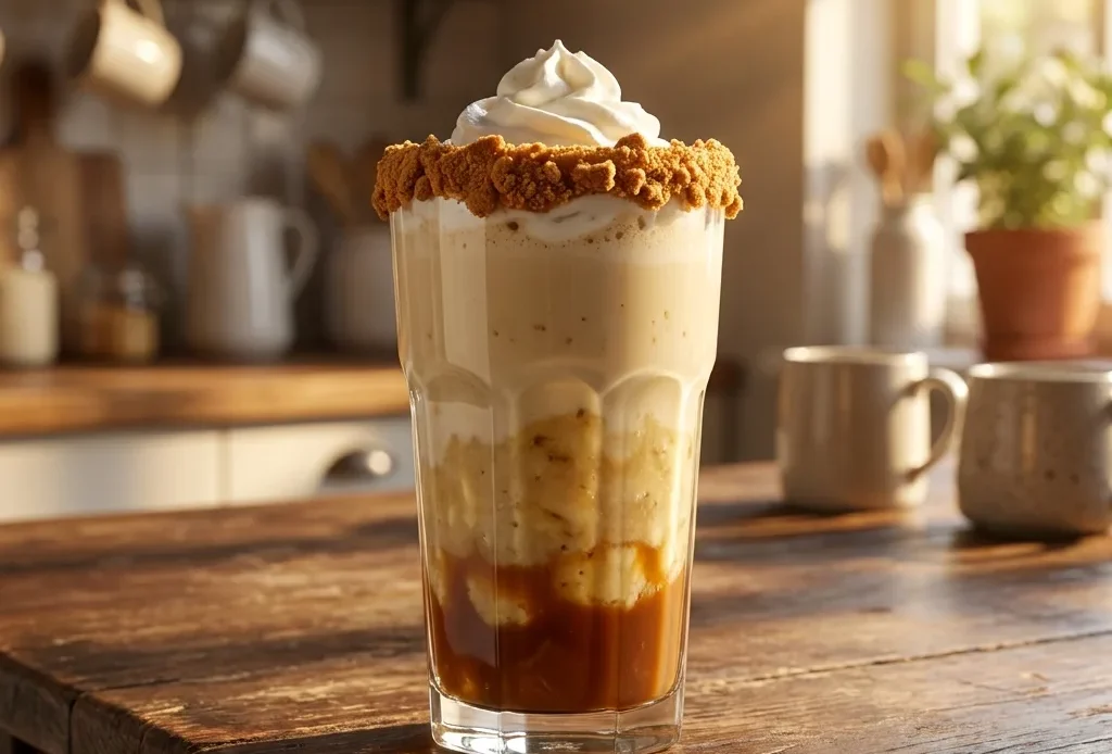 banoffee pie mocktail with cream float and biscuit crumble garnish
