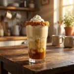 banoffee pie mocktail with cream float and biscuit crumble garnish