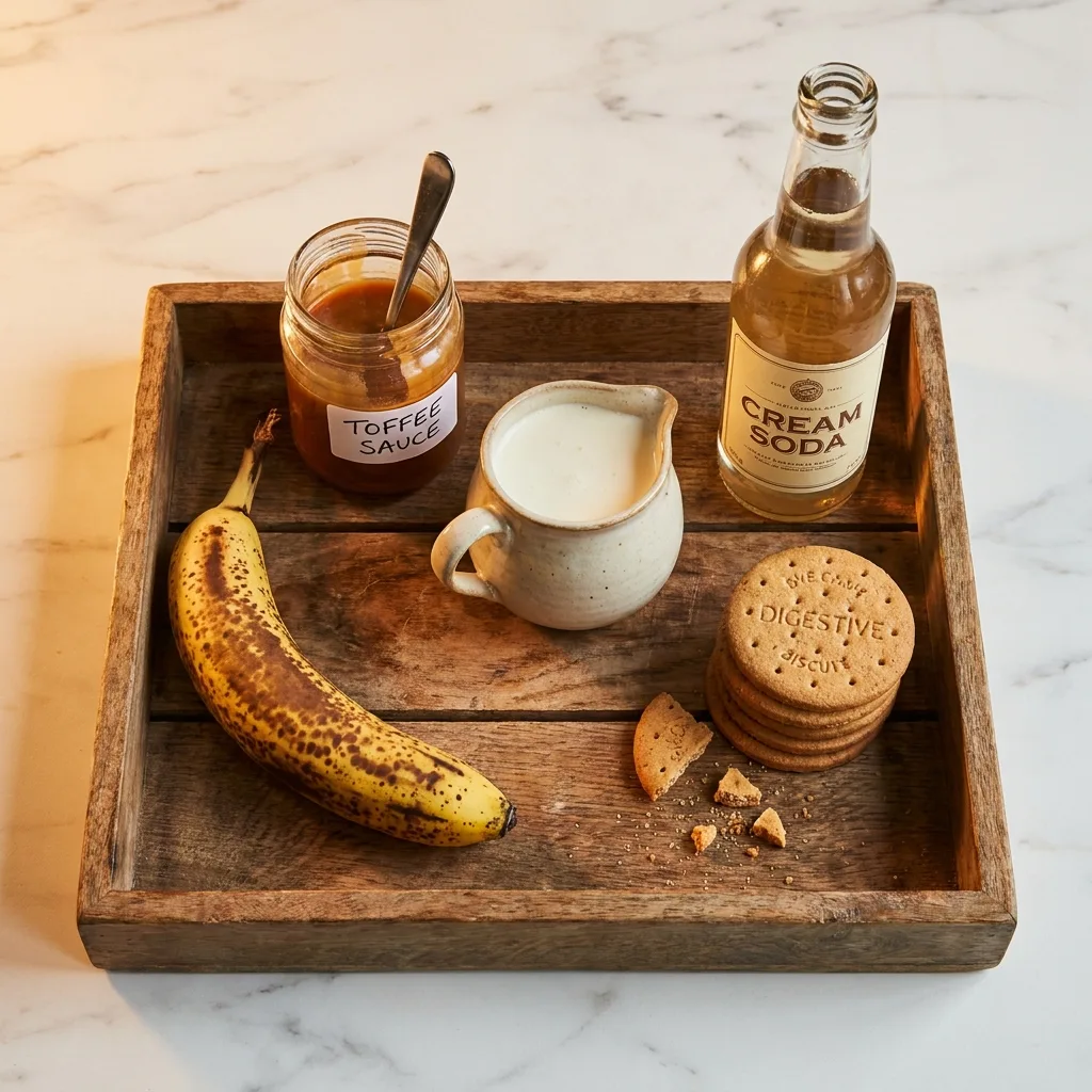 ingredients for banoffee pie mocktail — banana, toffee sauce, cream and cream soda