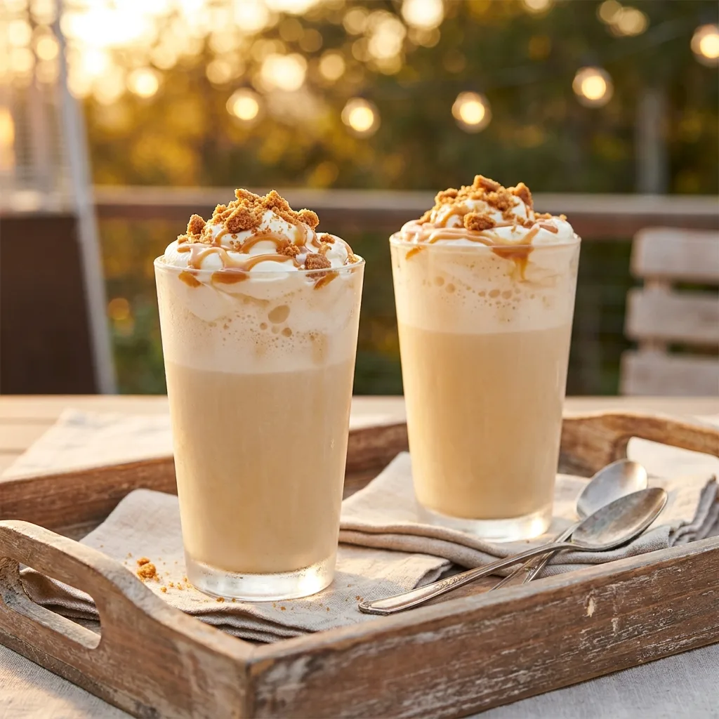 two banoffee pie mocktails served in tall glasses with caramel drizzle