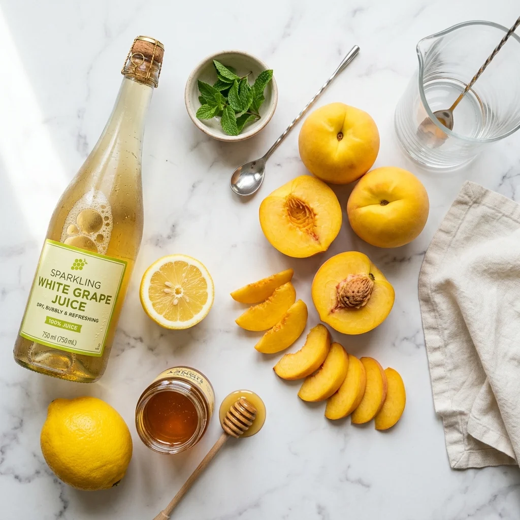 ingredients for peach bellini mocktail fresh peaches sparkling juice lemon