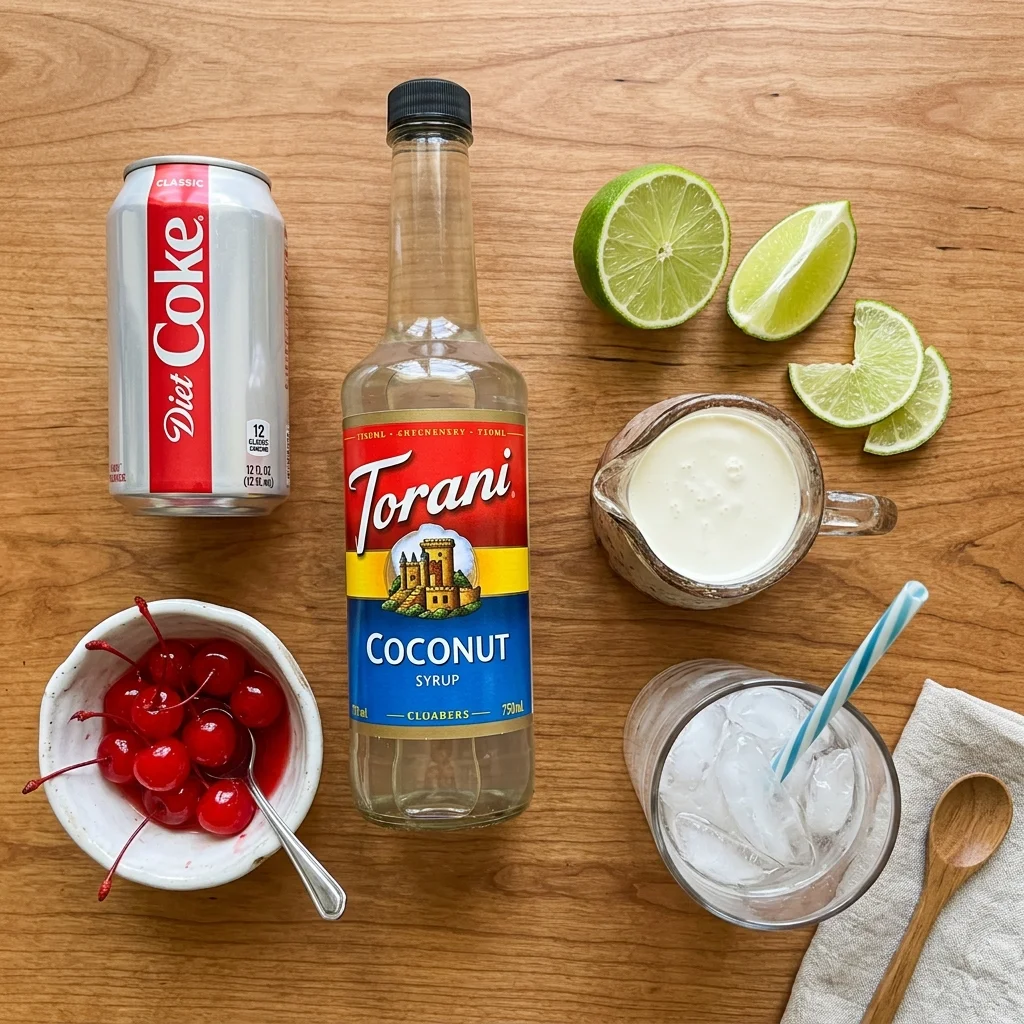 ingredients for founder dirty soda recipe diet coke can coconut syrup lime and heavy cream on wood surface