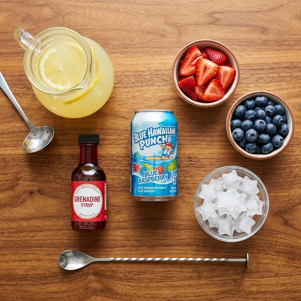 ingredients for 4th of july mocktail flat lay grenadine lemonade blue punch