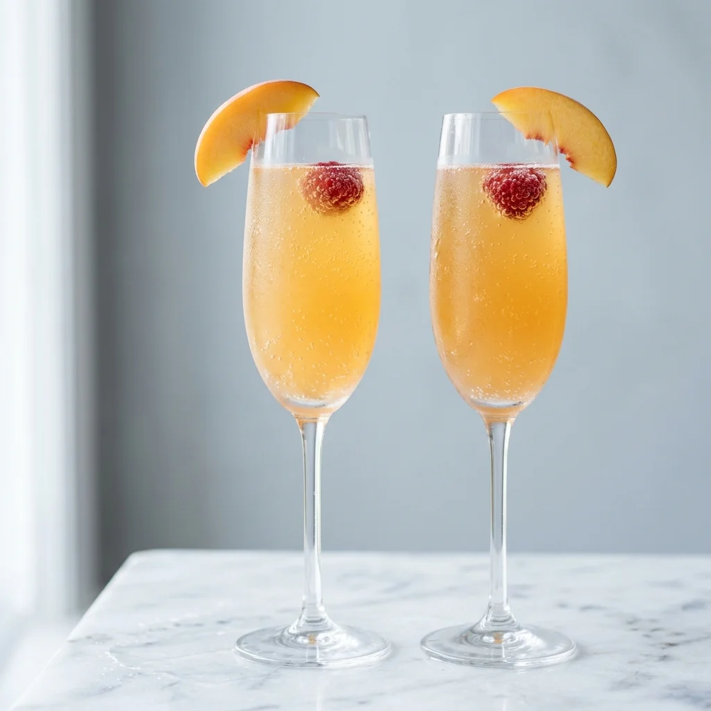 peach bellini mocktail served in champagne flute with fresh peach slice garnish