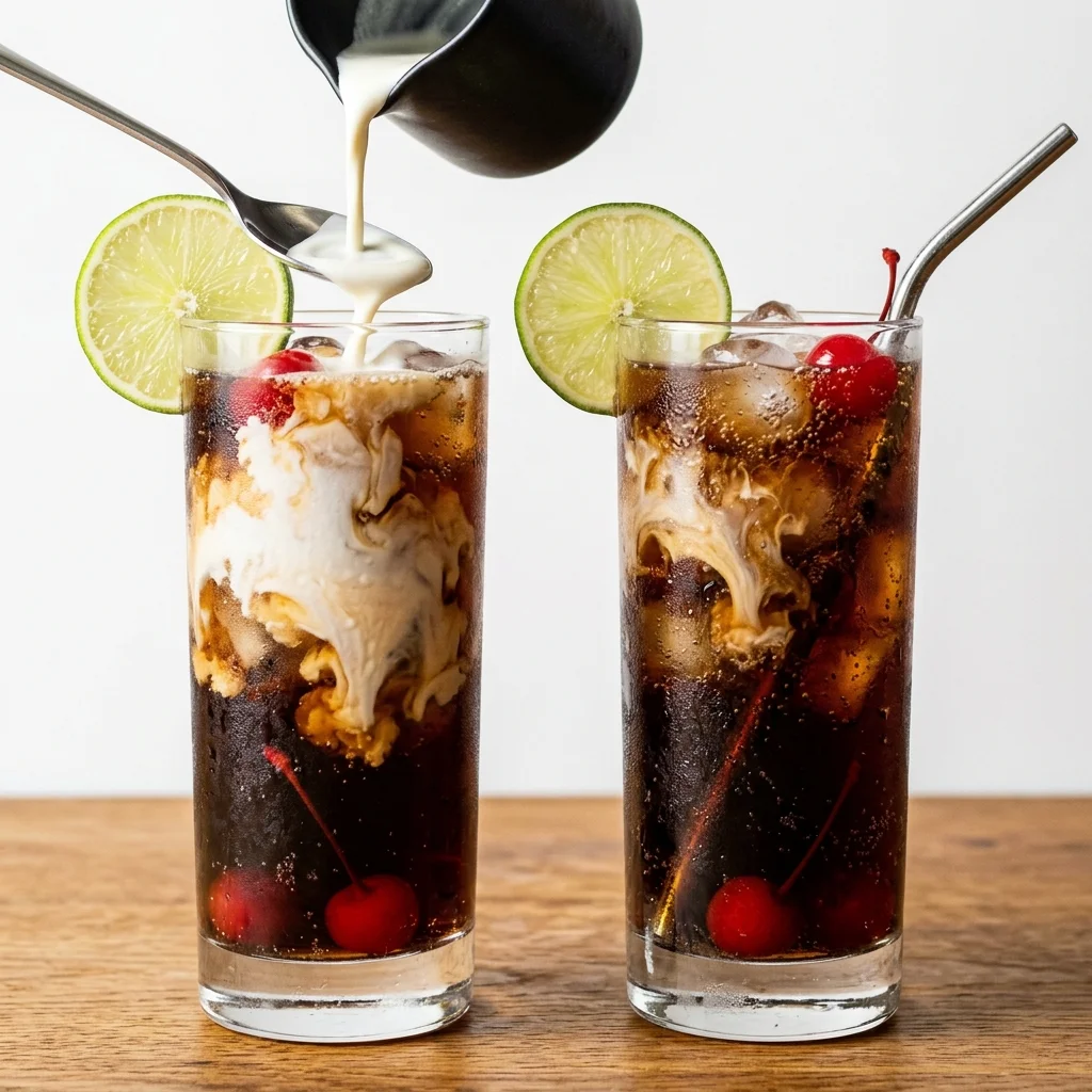 founder dirty soda recipe served in two tall glasses with cream pour effect and lime wheel garnish