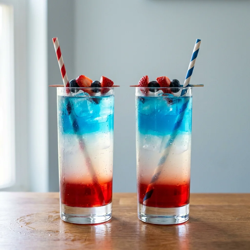 4th of july mocktail served with blueberries and strawberry garnish in clear glasses