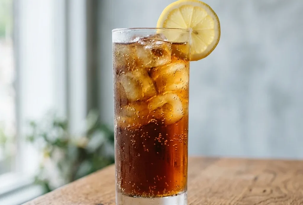 boricha sparkling mocktail in a tall glass with dark amber barley tea and lemon garnish