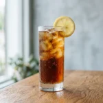 boricha sparkling mocktail in a tall glass with dark amber barley tea and lemon garnish