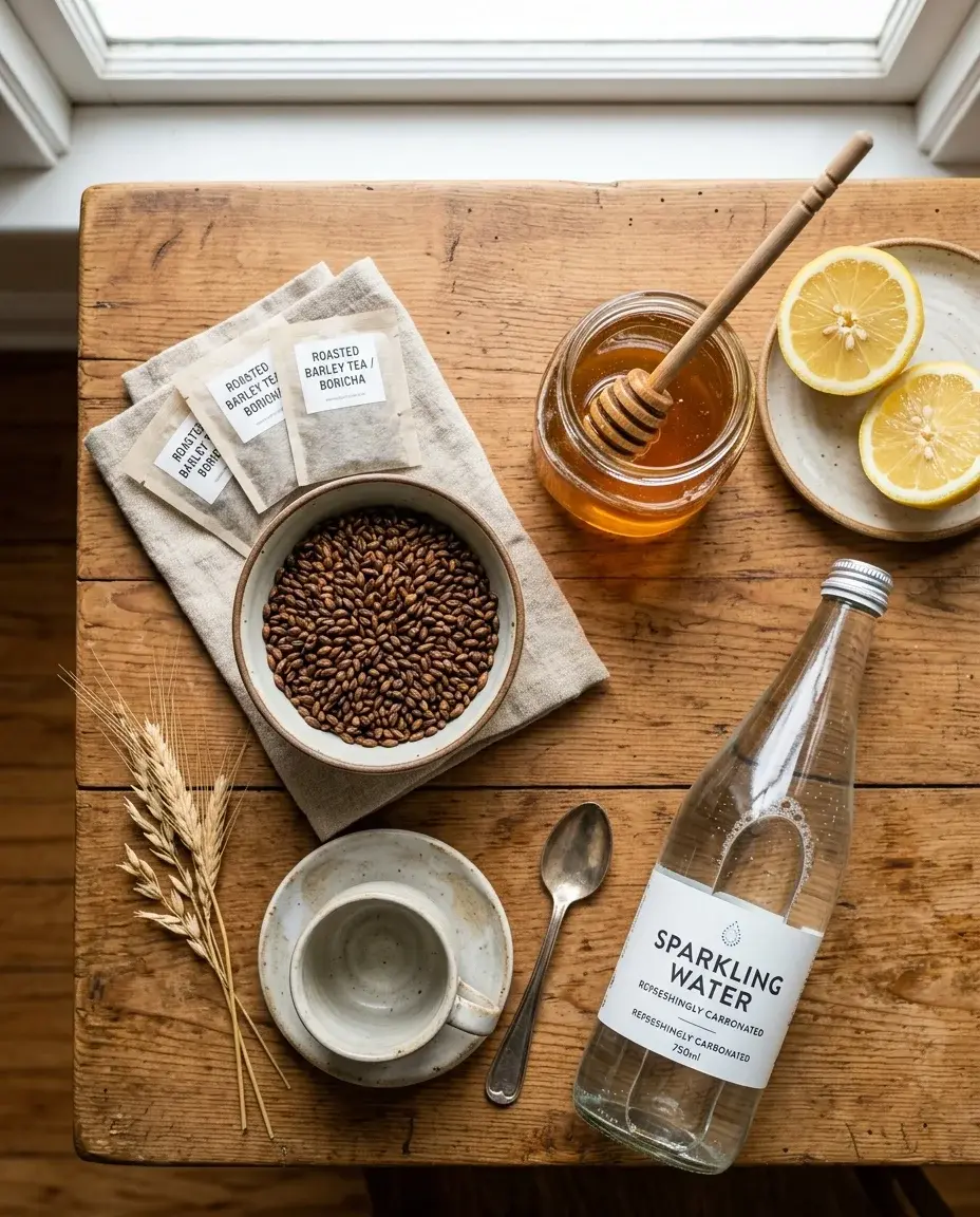 boricha recipe ingredients with roasted barley tea bags, honey, lemon, and sparkling water
