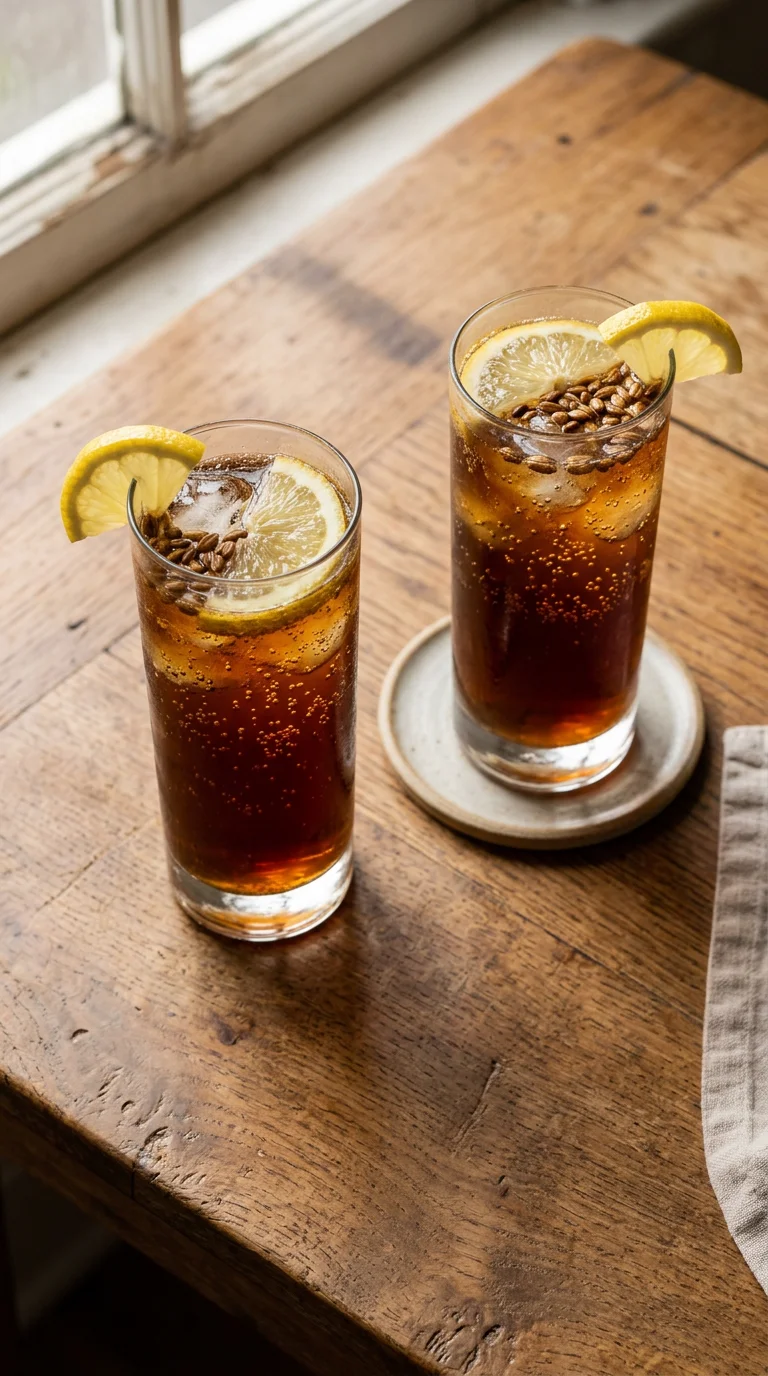 overhead view of two boricha sparkling mocktail glasses with amber tea and lemon garnish