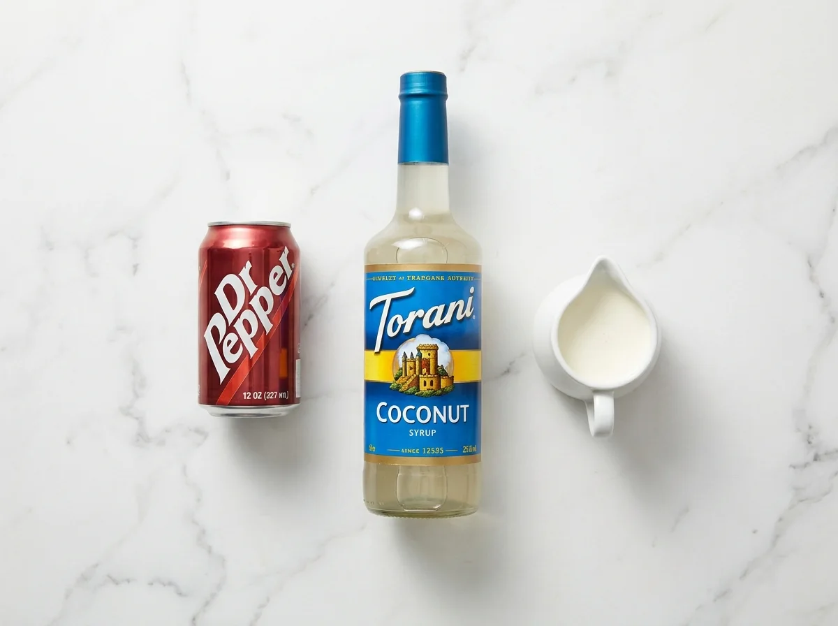 coconut dr pepper recipe ingredients — Dr Pepper can, Torani coconut syrup, and heavy cream