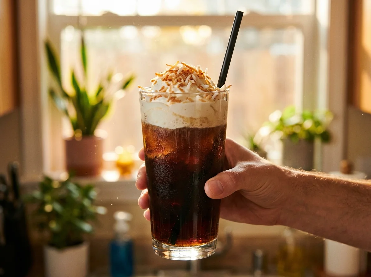 homemade coconut dr pepper dirty soda served with toasted coconut rim