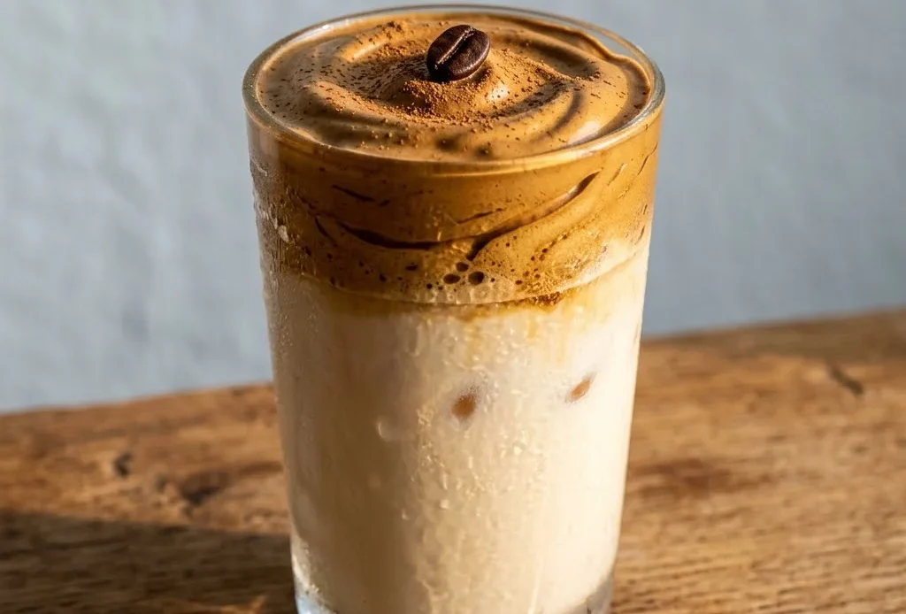 dalgona coffee mocktail in a tall glass showing dark caramel foam layer over pale oat milk