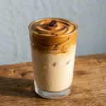 dalgona coffee mocktail in a tall glass showing dark caramel foam layer over pale oat milk