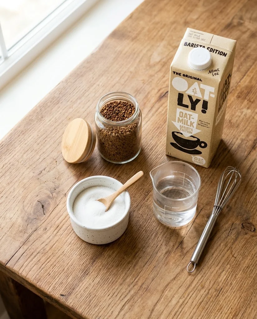 instant coffee, sugar, and oat milk ingredients for dalgona coffee mocktail on warm wood surface
