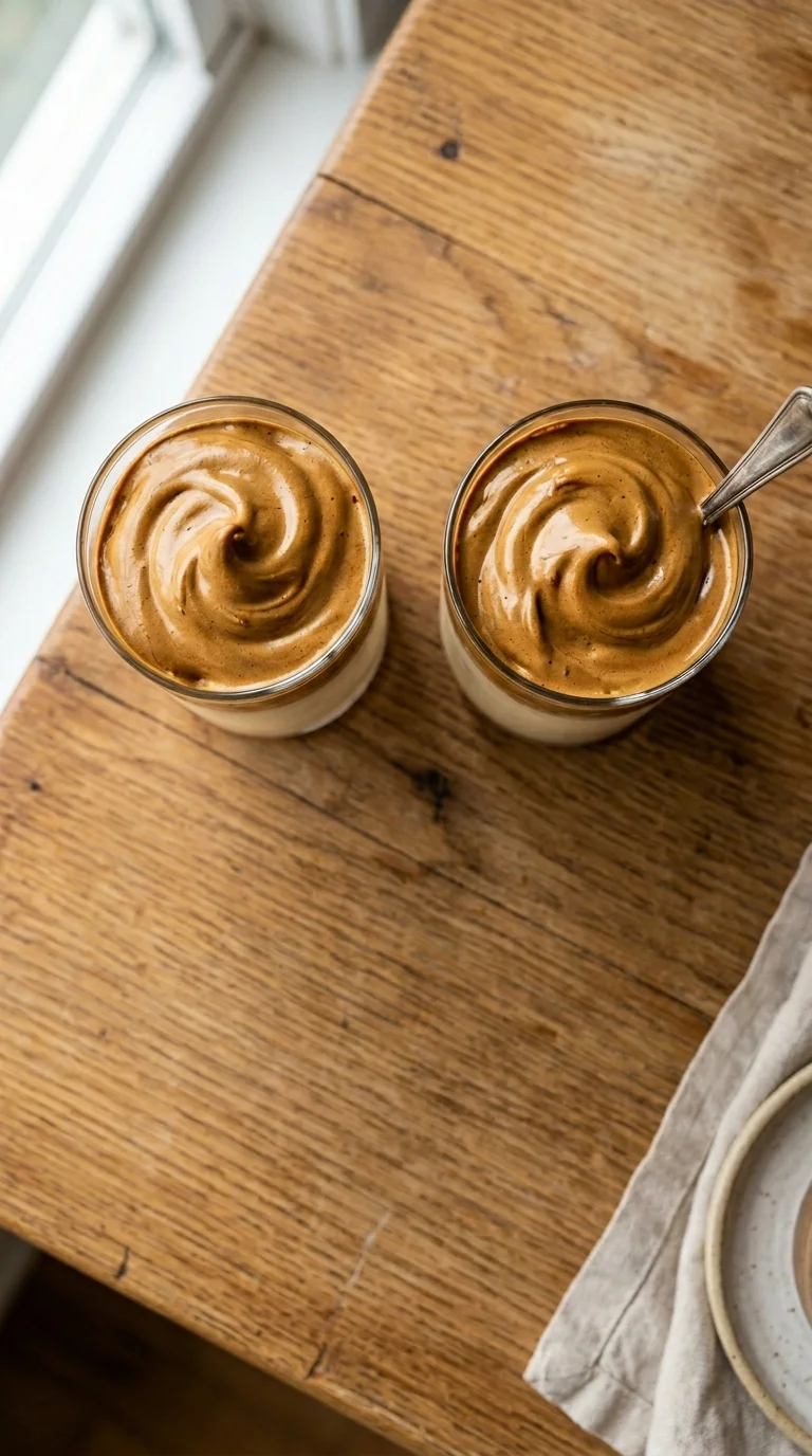 overhead view of two dalgona coffee mocktail glasses with dark whipped foam swirl on oat milk