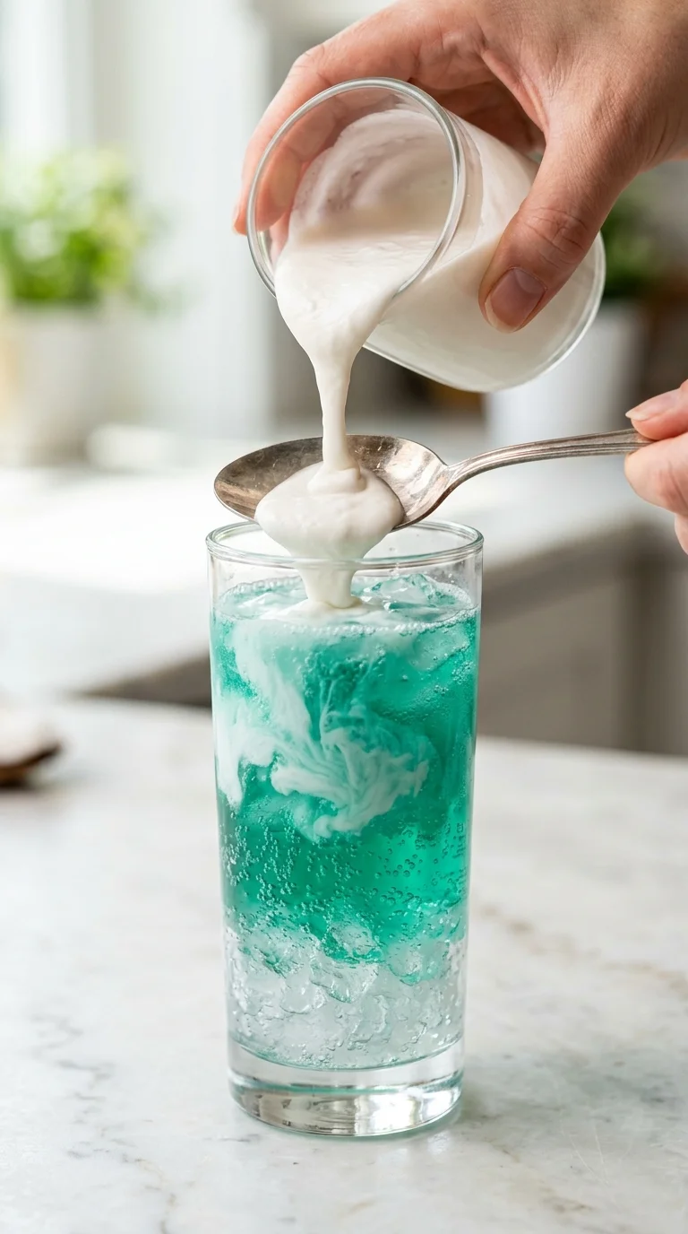 Coconut cream being poured slowly over a spoon into a glass of teal Baja Blast soda to create the dirty soda float layer