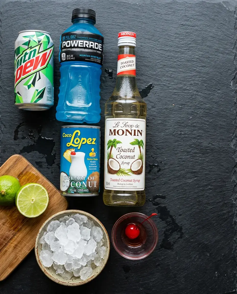 Dirty Baja Blast ingredients including Mountain Dew, Powerade Mountain Berry Blast, Coco Lopez coconut cream, and Monin toasted coconut syrup on a dark surface