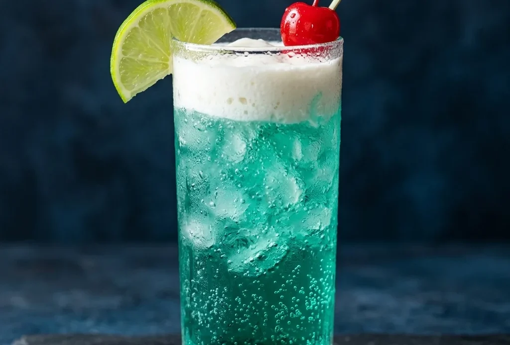 Dirty Baja Blast recipe in a tall glass with teal soda, white coconut cream float, lime wedge, and maraschino cherry garnish