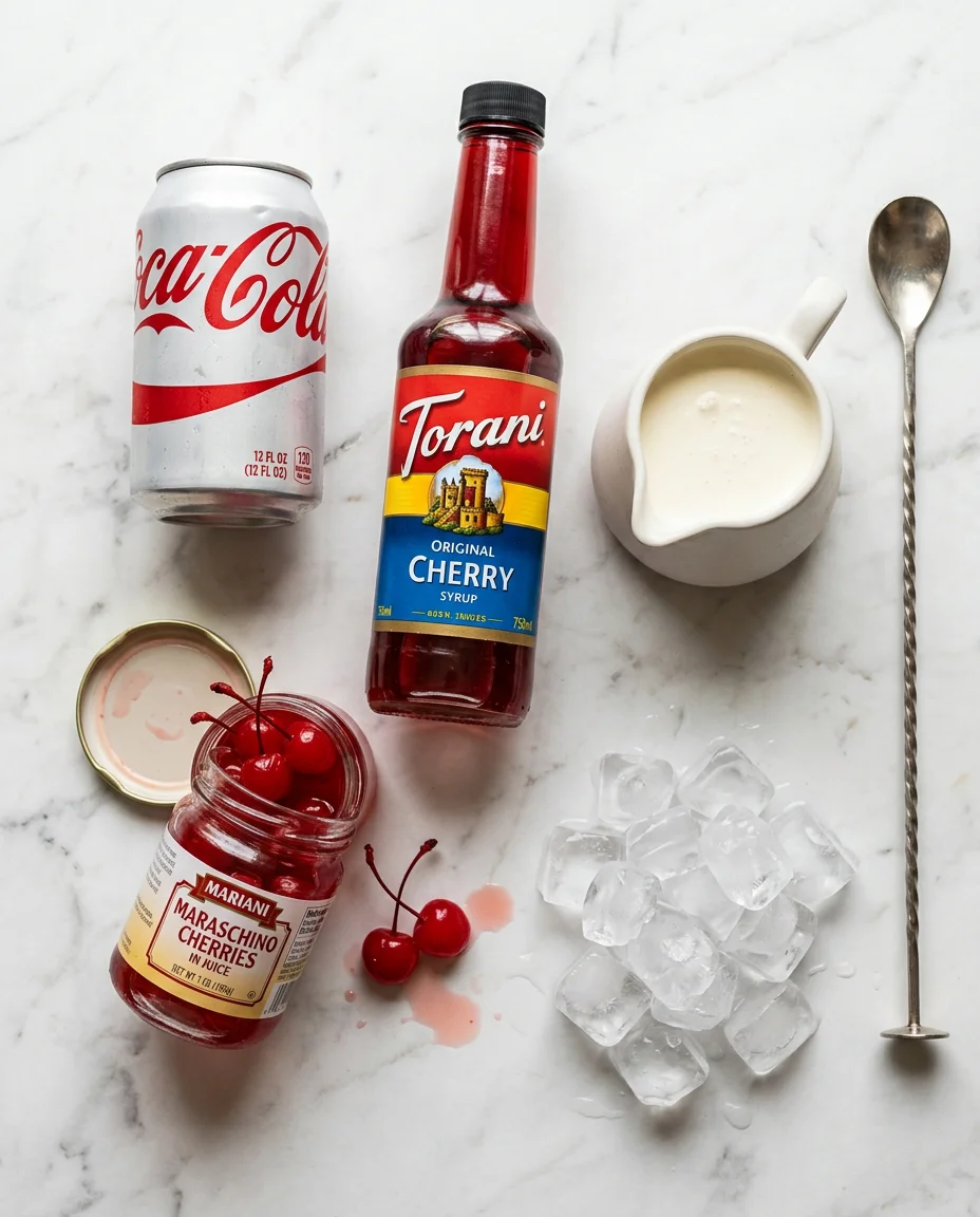 Dirty cherry coke soda recipe ingredients — Coca-Cola can, Torani cherry syrup bottle, heavy cream pitcher, maraschino cherries jar, and ice on marble