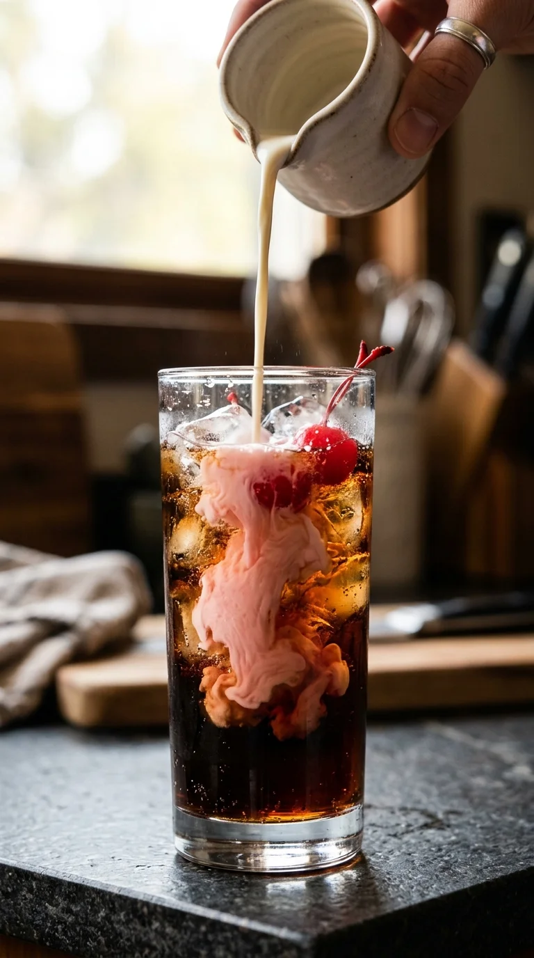 Heavy cream being poured into a glass of cherry Coke over ice, creating a pale pink cloud in the dark soda