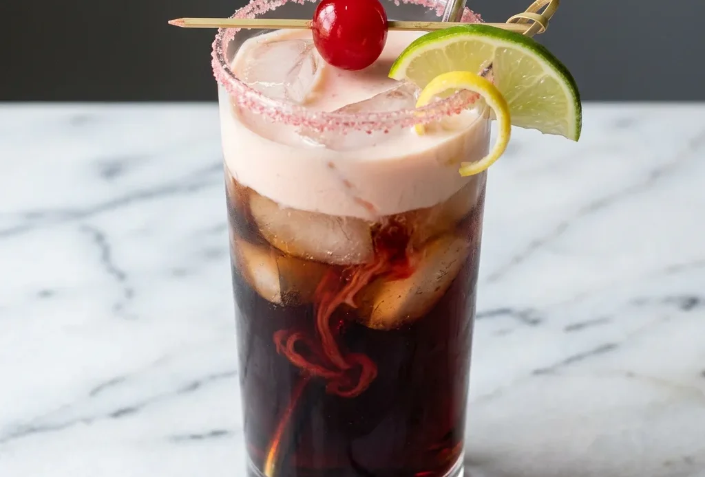 Dirty cherry coke soda recipe in a tall glass with ice, cream float on top, and a maraschino cherry garnish